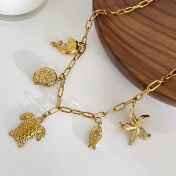 Summer Necklace, Starfish Necklace, Dolphin, Turtle, Charm Necklace, Gold Charm - Picture 2 of 3
